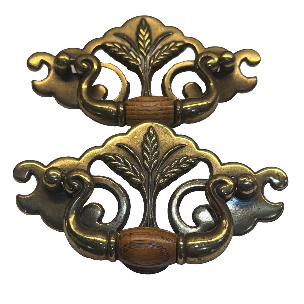 Set Of 2 Vintage Brass Bail Drawer Pull With Wood Center Pull 3 In